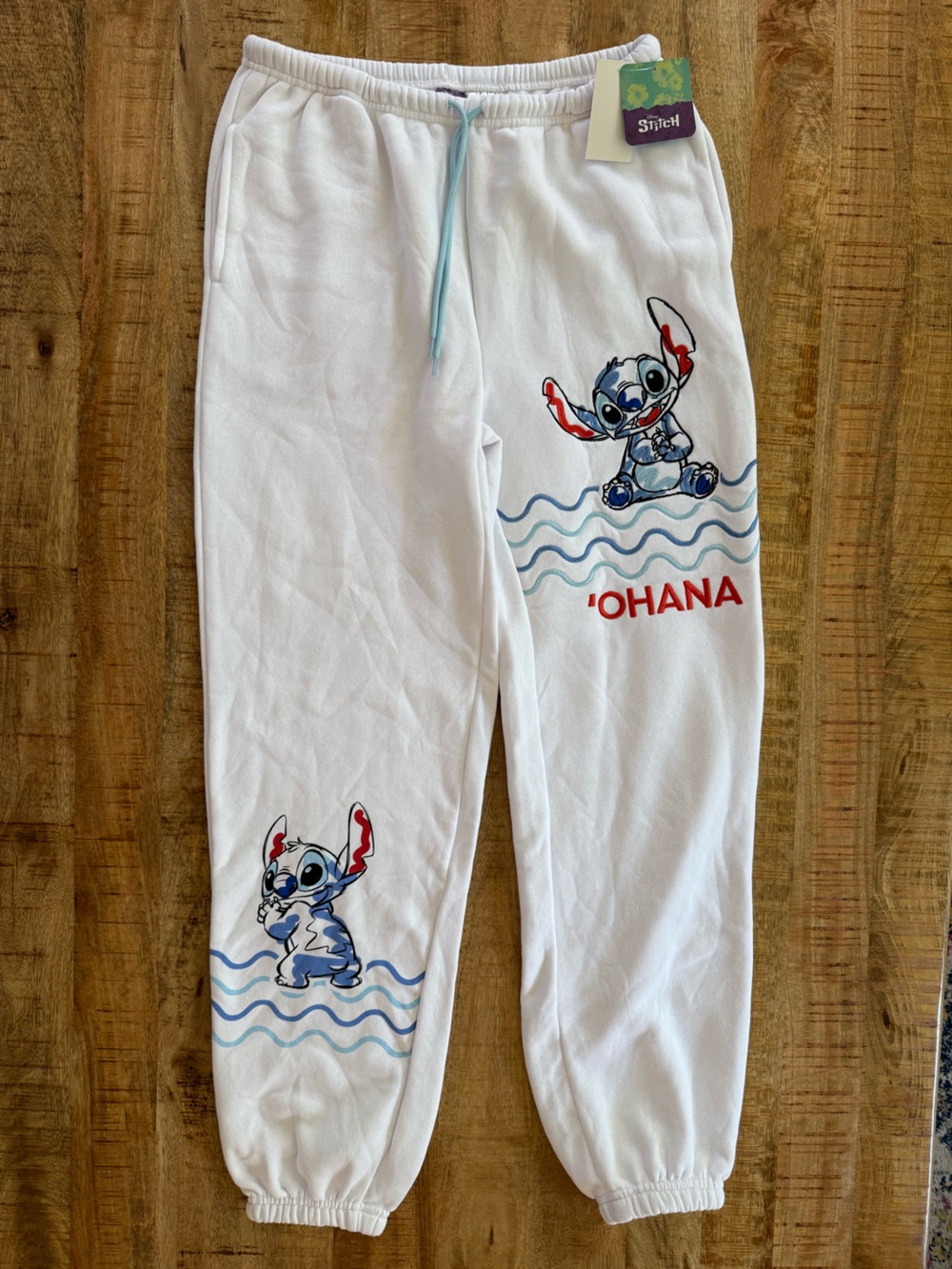 Disney Stitch Ohana White Embroidered Sweatpants Joggers Size M NWT